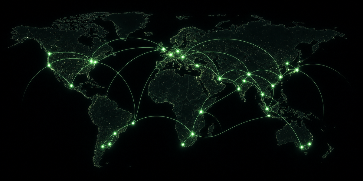 世界中で匿名の写真交換が行われていることを表す光る世界地図